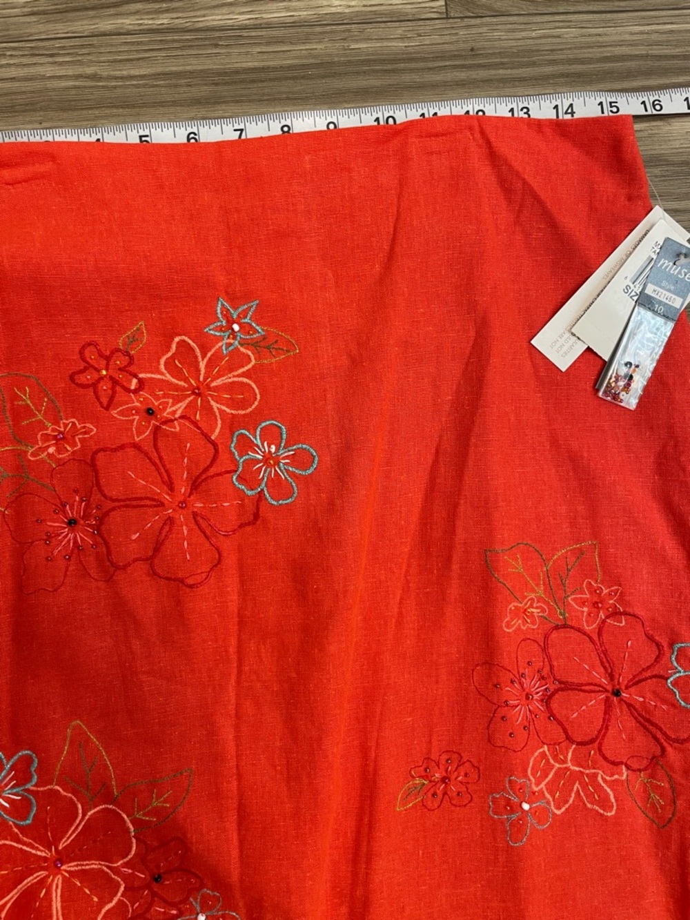 Muse Vintage Orange Linen Embroidered Asymmetrical Fringe Hem Midi Skirt - Picture 8 of 12